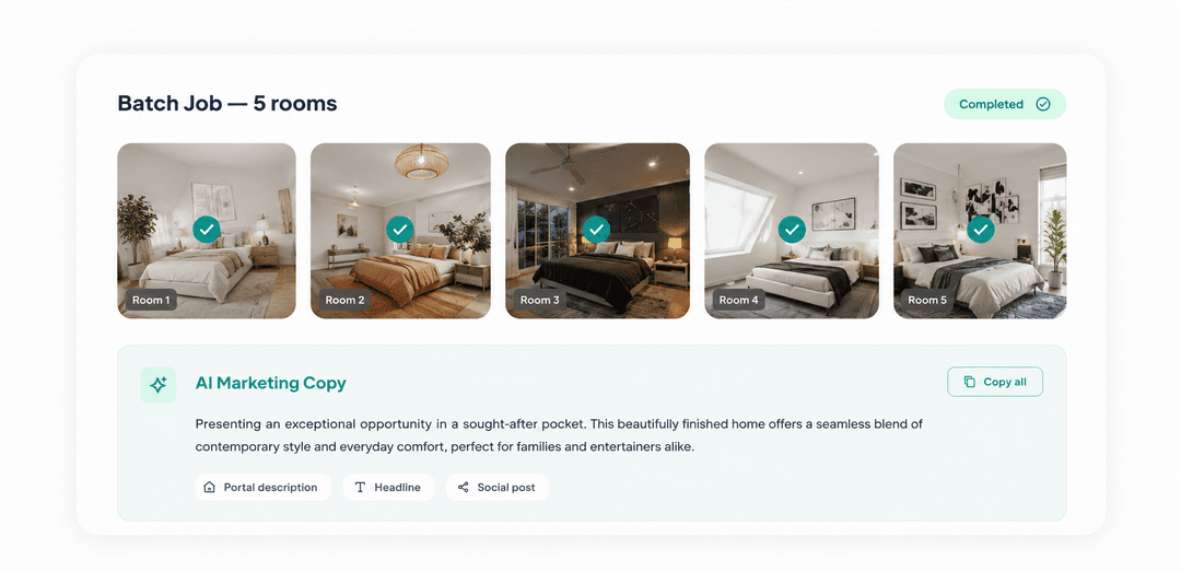 Batch virtual staging with AI marketing copy