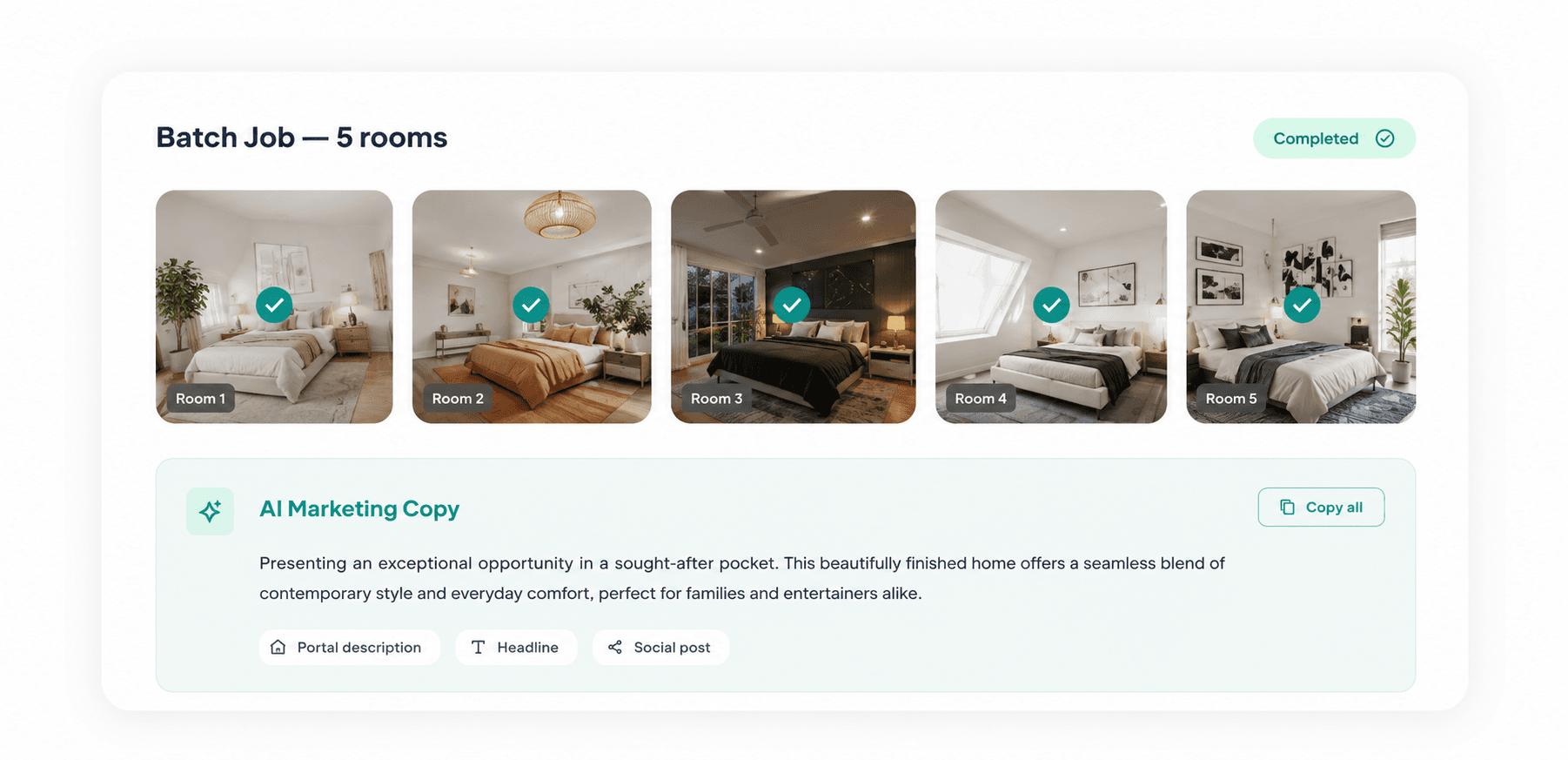 Batch virtual staging with AI marketing copy